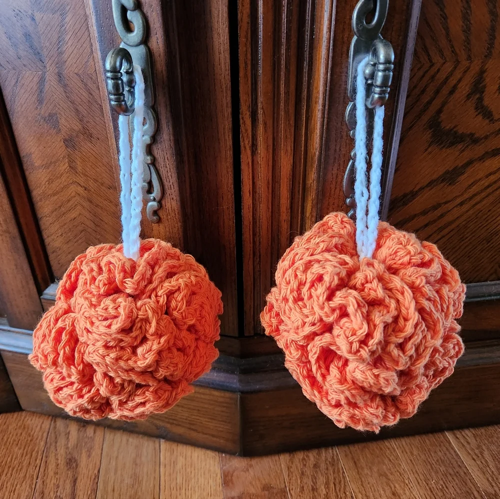 Crochet Set of 2 Orange Shower Poufs